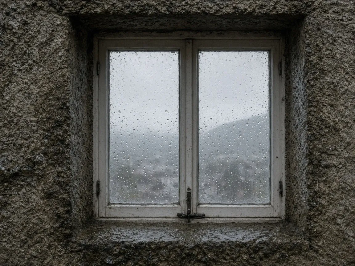 Close view of a wet window in a harled wall in Inverness, Highland