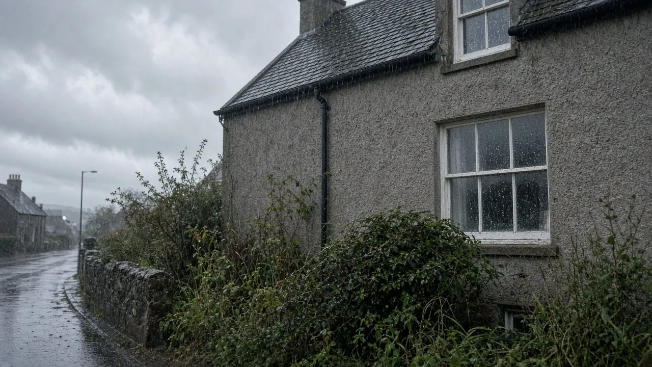 Harled house in wet weather in Inverness, Highland